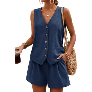 image:imageBeryLove Womens Summer 2 Piece Outfits Sleeveless Button Down Lined Vest Shorts Matching Sets with Pockets Dressy CasualNavy