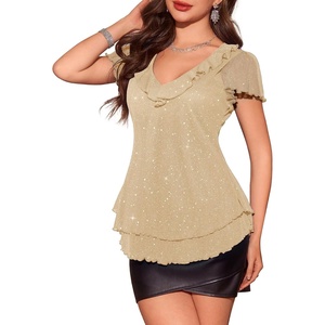 image:imageWomens Sparkly Sequin Tops Short Sleeve Glitter Casual Summer VNeck Ruffle TopChampagne