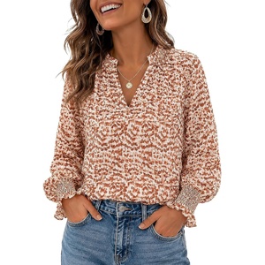 image:imageBeryLove Summer Floral Long Sleeve Casual Boho V Neck Chiffon Blouses  Women Casual Loose Tops Work Blouse Business Office Puff Sleeve Fashion Top 2026 Summer Fall Vacation Holiday OutfitsOrange