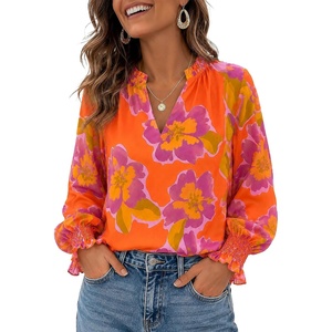 image:imageBeryLove Summer Floral Long Sleeve Casual Boho V Neck Chiffon Blouses  Women Casual Loose Tops Work Blouse Business Office Puff Sleeve Fashion Top 2026 Summer Fall Vacation Holiday OutfitsOrange Purple