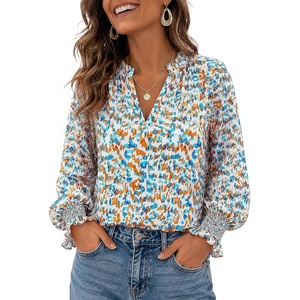 image:imageBeryLove Summer Floral Long Sleeve Casual Boho V Neck Chiffon Blouses  Women Casual Loose Tops Work Blouse Business Office Puff Sleeve Fashion Top 2026 Summer Fall Vacation Holiday OutfitsBlue White
