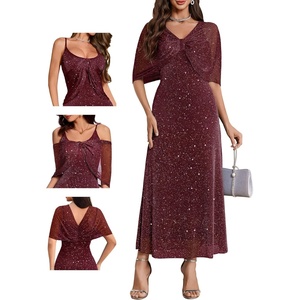 image:imageBeryLove Women Sequin Formal Party Dress Sparkly Cocktail Evening Prom Gown Wedding Guest Dresses with Shawl 0033 Burgundy L
