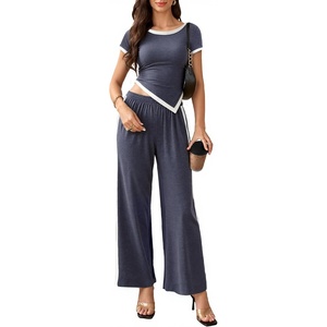 image:imageBeryLove Womens 2 Piece Lounge Sets Straight Leg Pants Set Short Sleeve Crop Tshirt Casual Outfits Comfy Loungewear 605 Navy M