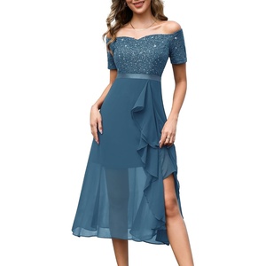 image:imageBeryLove Sequin Formal Wedding Guest Prom Party Dress Off Shoulder Cocktail Sparkly Midi Evening DressGreyblue