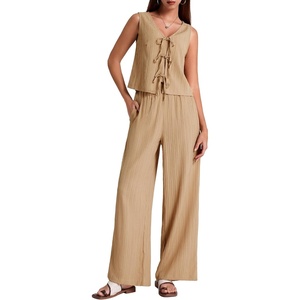 image:imageBeryLove Two Piece Sets for Women Summer Outfits Lounge Sets Cap Sleeve Tops Wide Leg Crop Pants Vacation Travel OutfitsKhaki