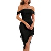 image:imageBeryLove Womens Sexy Off Shoulder Mesh Midi Wedding Guest Dresses Ruched Bodycon Ruffled Cocktail DressBlack