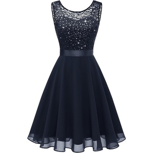 image:imageBeryLove Wedding Guest Cocktail Formal Sleeveless Lace Short A Line Dress  Party Teen Chiffon A Line Prom Elegant Evening Banquet Birthday Holiday Casual Sleeveless Lace Boat Neck GownNavy Sequin