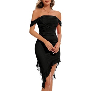 image:imageBeryLove Womens Sexy Off Shoulder Mesh Midi Wedding Guest Dresses Ruched Bodycon Ruffled Cocktail DressBlack