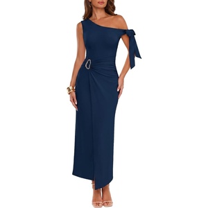 image:imageBeryLove 2026 Womens One Shoulder Midi Bodycon Dress Ruched Slit Dresses  Perfect for Wedding Guest Cocktail Party or EveningNavy