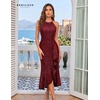 image:imageBeryLove Sequin Formal Cocktail Wedding Guest Long Ruffle Halter Dresses  2026 Spaghetti Strap Slit Evening Prom DressBurgundy