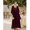 image:imageBeryLove Women Sequin Formal Cocktail Evening Long Wedding Mother Dress  2 Piece Set with Sparkly Lace Dress and Chiffon Shawl Sleeveless V Neck A Line Maxi Gown for Prom Party Bridesmaid EventsBurgundy