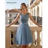 image:imageBeryLove Womens Sequin Homecoming Formal Teen Cocktail Prom Dress Short  Flowy Tulle Hem Mini Dress Sleeveless Boat Neck Playful V Back Satin Belt Perfect for Birthday Party amp BridesmaidTulle Grey Blue
