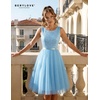 image:imageBeryLove Womens Sequin Homecoming Formal Teen Cocktail Prom Dress Short  Flowy Tulle Hem Mini Dress Sleeveless Boat Neck Playful V Back Satin Belt Perfect for Birthday Party amp BridesmaidTulle Sequin Lightblue