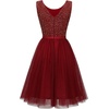 image:imageBeryLove Womens Sequin Homecoming Formal Teen Cocktail Prom Dress Short  Flowy Tulle Hem Mini Dress Sleeveless Boat Neck Playful V Back Satin Belt Perfect for Birthday Party amp BridesmaidTulle Sequin Burgundy