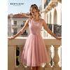 image:imageBeryLove Womens Sequin Homecoming Formal Teen Cocktail Prom Dress Short  Flowy Tulle Hem Mini Dress Sleeveless Boat Neck Playful V Back Satin Belt Perfect for Birthday Party amp BridesmaidTulle Sequin Blush