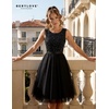 image:imageBeryLove Womens Sequin Homecoming Formal Teen Cocktail Prom Dress Short  Flowy Tulle Hem Mini Dress Sleeveless Boat Neck Playful V Back Satin Belt Perfect for Birthday Party amp BridesmaidTulle Sequin Black