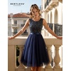 image:imageBeryLove Womens Sequin Homecoming Formal Teen Cocktail Prom Dress Short  Flowy Tulle Hem Mini Dress Sleeveless Boat Neck Playful V Back Satin Belt Perfect for Birthday Party amp BridesmaidTulle Sequin Navy