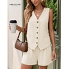 image:imageBeryLove Womens Summer 2 Piece Outfits Dressy Vest and Shorts Matching Sets  Sleeveless Button Down Linen Vest Silky Lining Elastic Waistband Features Functional Pockets Business Casual Vacation SetBeige