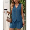 image:imageBeryLove Womens Summer 2 Piece Outfits Dressy Vest and Shorts Matching Sets  Sleeveless Button Down Linen Vest Silky Lining Elastic Waistband Features Functional Pockets Business Casual Vacation SetDenim Blue