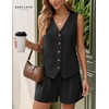 image:imageBeryLove Womens Summer 2 Piece Outfits Dressy Vest and Shorts Matching Sets  Sleeveless Button Down Linen Vest Silky Lining Elastic Waistband Features Functional Pockets Business Casual Vacation SetBlack