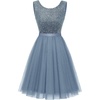 image:imageBeryLove Womens Sequin Homecoming Formal Teen Cocktail Prom Dress Short  Flowy Tulle Hem Mini Dress Sleeveless Boat Neck Playful V Back Satin Belt Perfect for Birthday Party amp BridesmaidTulle Grey Blue