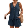 image:imageBeryLove Womens Summer 2 Piece Outfits Dressy Vest and Shorts Matching Sets  Sleeveless Button Down Linen Vest Silky Lining Elastic Waistband Features Functional Pockets Business Casual Vacation SetNavy