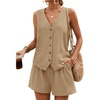 image:imageBeryLove Womens Summer 2 Piece Outfits Dressy Vest and Shorts Matching Sets  Sleeveless Button Down Linen Vest Silky Lining Elastic Waistband Features Functional Pockets Business Casual Vacation SetKhaki