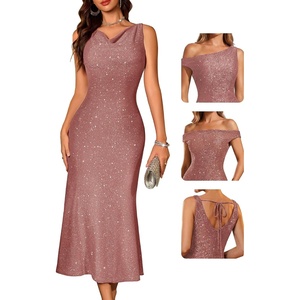 image:imageBeryLove Homecoming Wedding Guest Formal Sequin Long Bodycon Dress  Off Shoulder Sexy Birthday Party Cocktail Tie Back Sleeveless Long Bridesmaid Sparkly Vintage Fitted Event Night GownBlush