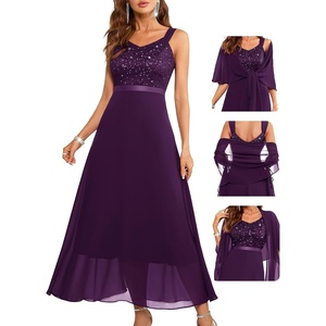 image:imageBeryLove Women Sequin Formal Cocktail Evening Long Wedding Mother Dress  2 Piece Set with Sparkly Lace Dress and Chiffon Shawl Sleeveless V Neck A Line Maxi Gown for Prom Party Bridesmaid EventsGrape