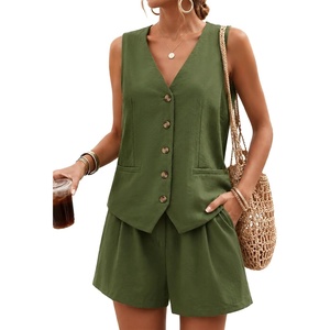 image:imageBeryLove Womens Summer 2 Piece Outfits Dressy Vest and Shorts Matching Sets  Sleeveless Button Down Linen Vest Silky Lining Elastic Waistband Features Functional Pockets Business Casual Vacation SetArmy Green