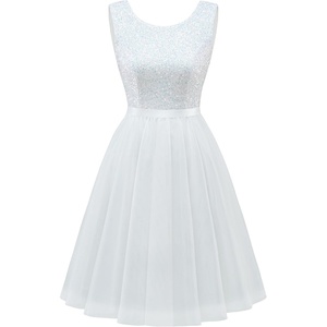 image:imageBeryLove Womens Sequin Homecoming Formal Teen Cocktail Prom Dress Short  Flowy Tulle Hem Mini Dress Sleeveless Boat Neck Playful V Back Satin Belt Perfect for Birthday Party amp BridesmaidTulle Sequin White