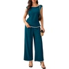 image:imageBeryLove Womens 2 Piece Outfits Sweatsuit Short Sleeve Tops and Drawstring Waist Cropped Wide Leg Pants Loungewear Sets 601 Teal S
