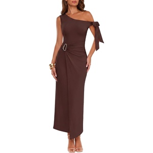 image:imageBeryLove 2026 Womens One Shoulder Midi Bodycon Dress Ruched Slit DressesBrown