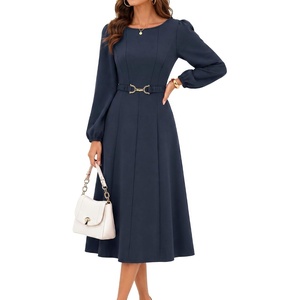 image:imageBeryLove Womens Long Sleeve Fall Cocktail Midi Formal Wedding Guest DressNavy