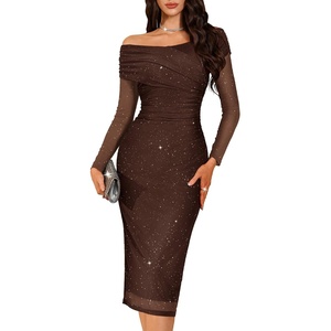 image:imageBeryLove Womens Sparkly Off Shoulder Formal Wedding Guest Sequin DressesBrown