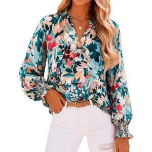 image:imageWomens V Neck Chiffon Blouse Puff Long Sleeve Floral Print Casual TopsGreen Blue