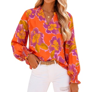 image:imageWomens V Neck Chiffon Blouse Puff Long Sleeve Floral Print Casual TopsOrange Purple