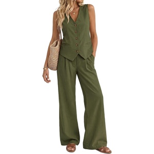 image:imageBeryLove 2 Piece Sets for Women Linen Vest Wide Leg Pants Business OutfitsArmy Green