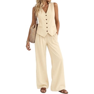 image:imageBeryLove 2 Piece Sets for Women Linen Vest Wide Leg Pants Business OutfitsBeige