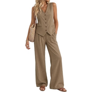 image:imageBeryLove 2 Piece Sets for Women Linen Vest Wide Leg Pants Business OutfitsKhaki