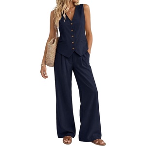 image:imageBeryLove 2 Piece Sets for Women Linen Vest Wide Leg Pants Business OutfitsNavy