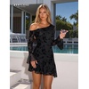 image:imageBeryLove Women One Shoulder Long Sleeve Floral Bodycon Cocktail Short DressBlack