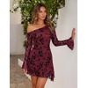 image:imageBeryLove Women One Shoulder Long Sleeve Floral Bodycon Cocktail Short DressBurgundy