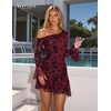 image:imageBeryLove Women One Shoulder Long Sleeve Floral Bodycon Cocktail Short DressBurgundy