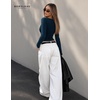 image:imageWomens Cowl Neck Long Sleeve Ribbed Knit Sweater Ruched Waist TopNavy