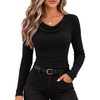 image:imageWomens Cowl Neck Long Sleeve Ribbed Knit Sweater Ruched Waist TopBlack