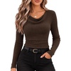 image:imageWomens Cowl Neck Long Sleeve Ribbed Knit Sweater Ruched Waist TopBrown