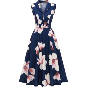 image:imageBeryLove Vintage 1950s Midi Cocktail Dresses for Women Wedding Guest ClassyNavy Blue Flower