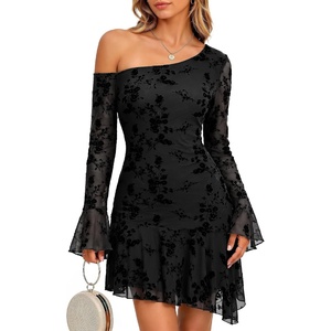 image:imageBeryLove Women One Shoulder Long Sleeve Floral Bodycon Cocktail Short DressBlack