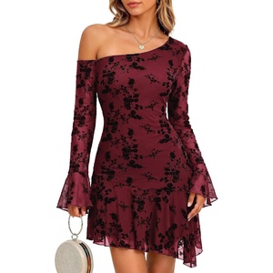 image:imageBeryLove Women One Shoulder Long Sleeve Floral Bodycon Cocktail Short DressBurgundy